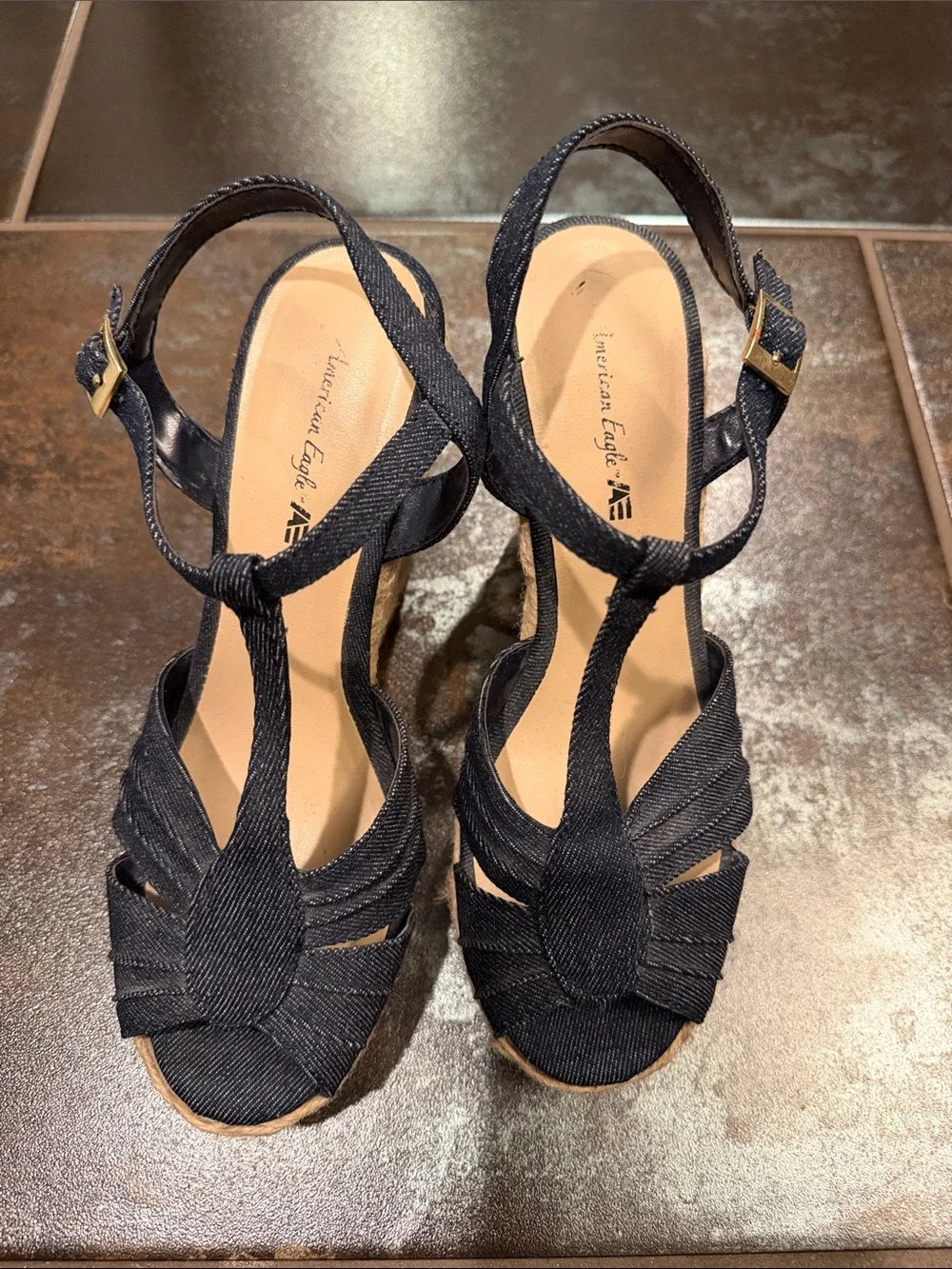 American Eagle Outfitters Navy Blue Woven T-Strap Wedge Sandals